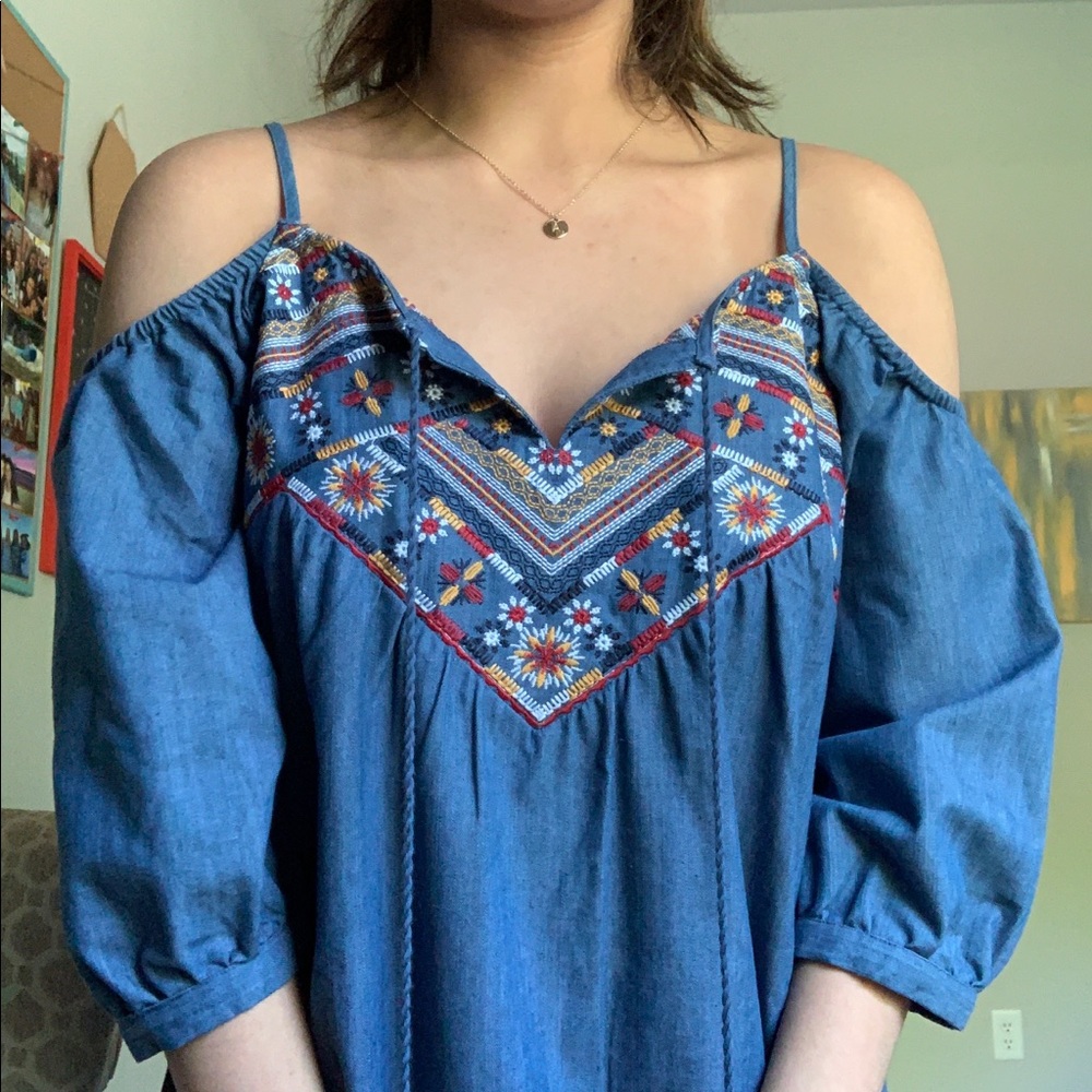 Denim Embroidered Dress with Puff Sleeves